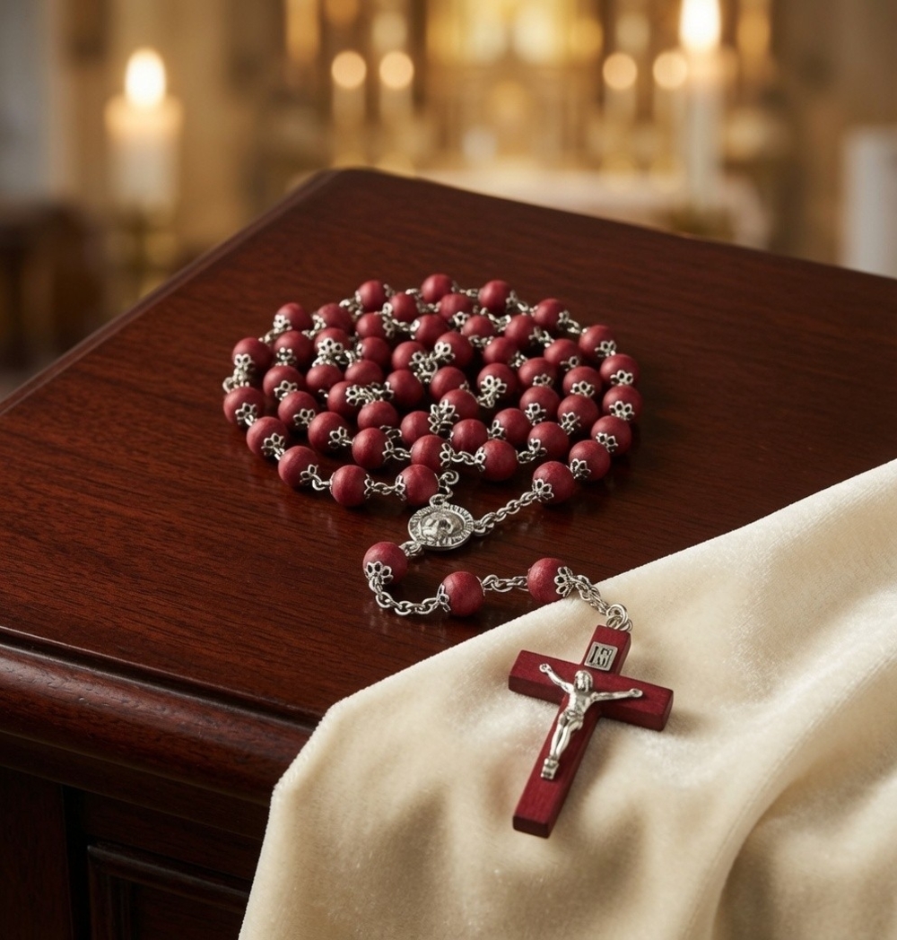 Vintage Città del Vaticano Red Wood Bead Rosary Silver Filigree St Peters NIB
